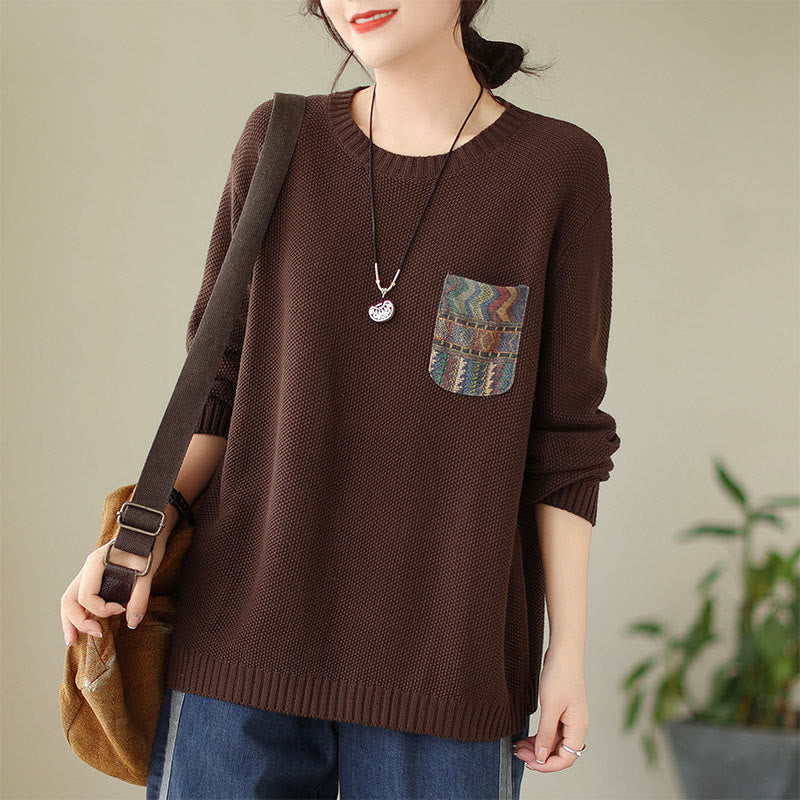 Knitted Cotton Floral Crew Neck Grounding Sweater