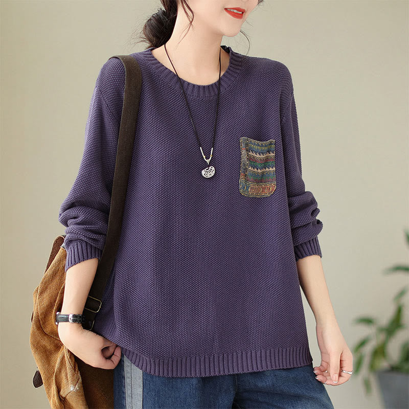 Knitted Cotton Floral Crew Neck Grounding Sweater