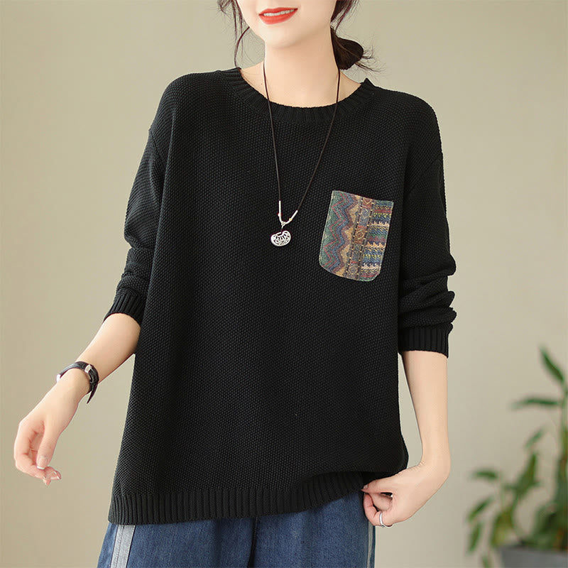 Knitted Cotton Floral Crew Neck Grounding Sweater