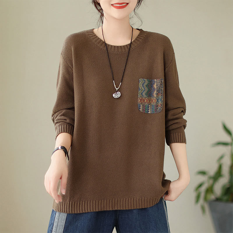 Knitted Cotton Floral Crew Neck Grounding Sweater