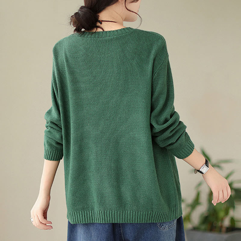 Knitted Cotton Floral Crew Neck Grounding Sweater
