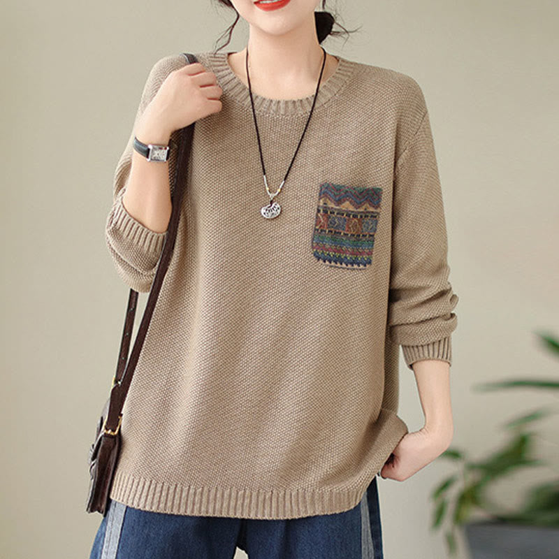 Knitted Cotton Floral Crew Neck Grounding Sweater