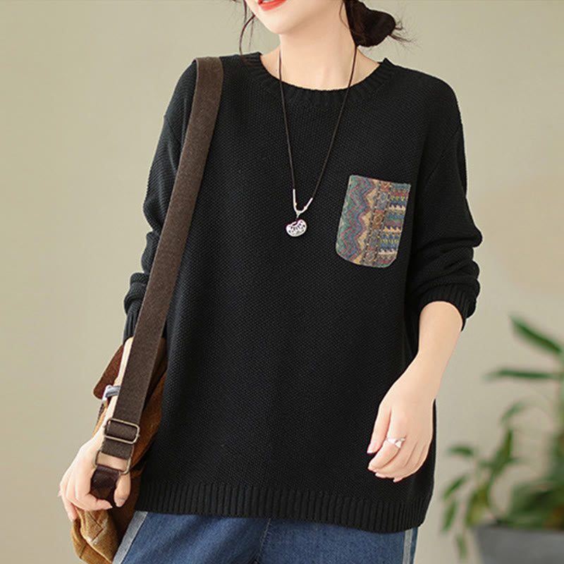 Knitted Cotton Floral Crew Neck Grounding Sweater