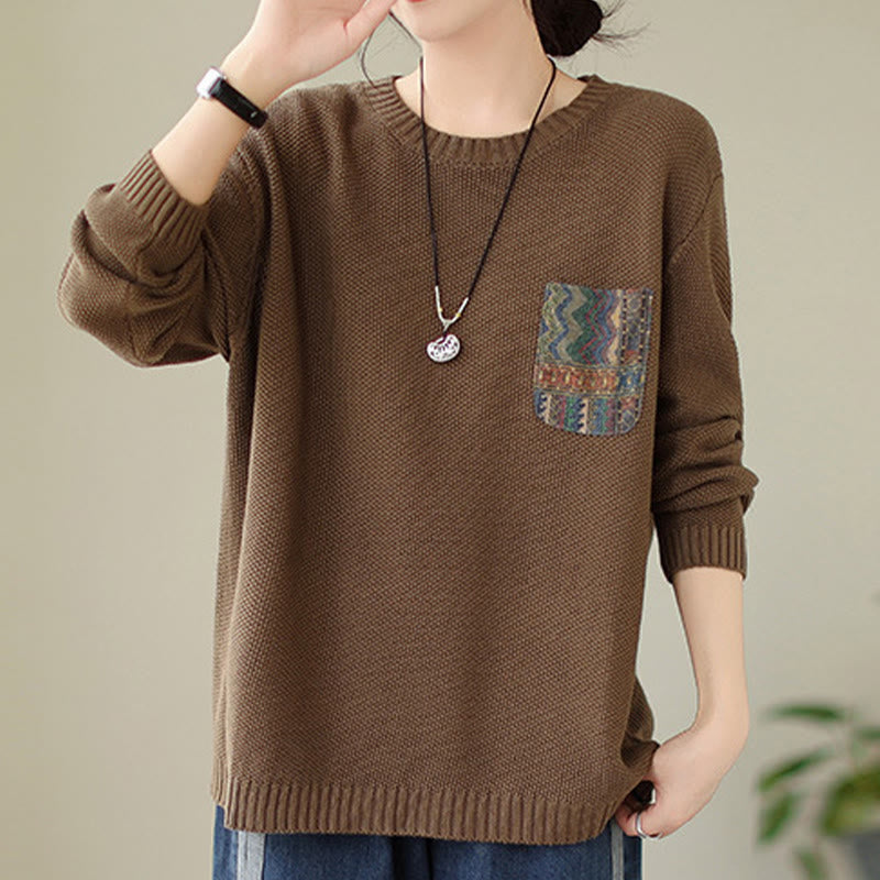 Knitted Cotton Floral Crew Neck Grounding Sweater