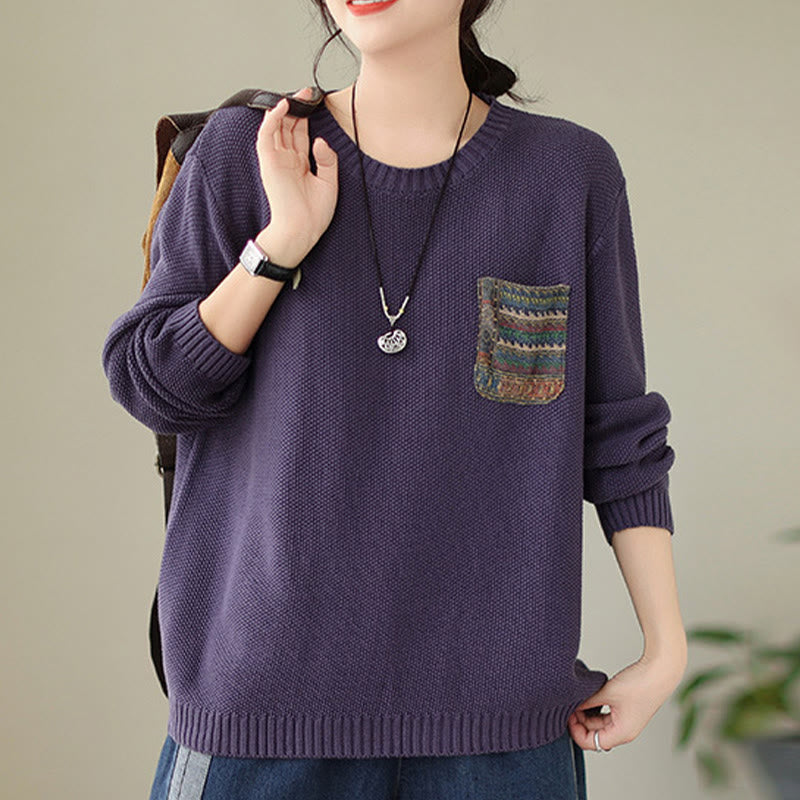 Knitted Cotton Floral Crew Neck Grounding Sweater