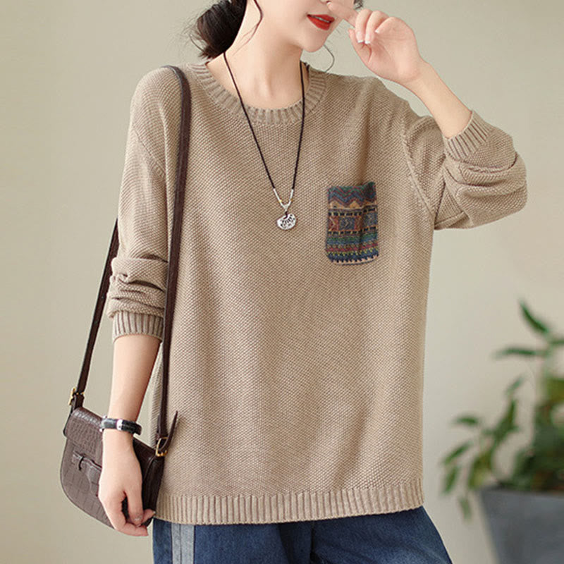 Knitted Cotton Floral Crew Neck Grounding Sweater