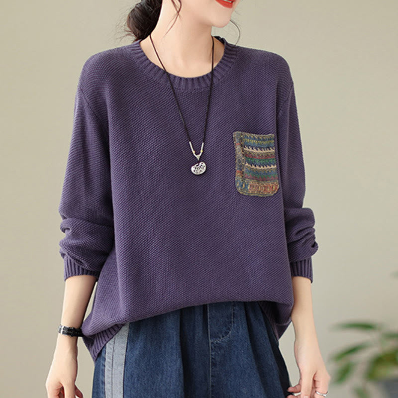 Knitted Cotton Floral Crew Neck Grounding Sweater