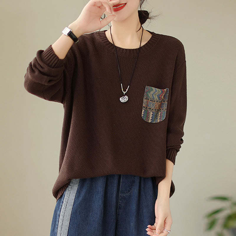 Knitted Cotton Floral Crew Neck Grounding Sweater