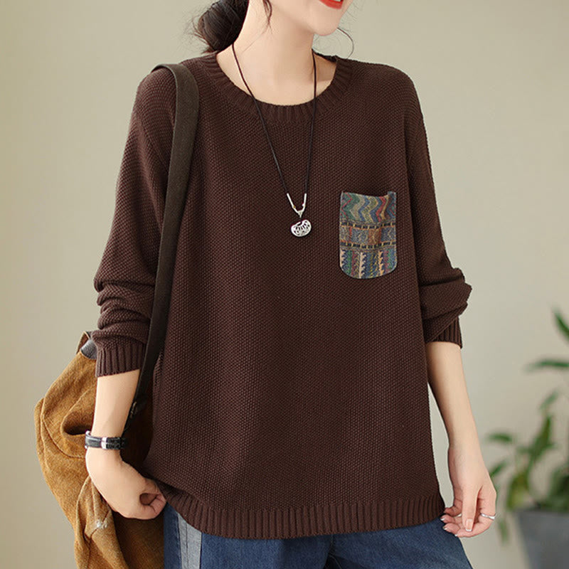 Knitted Cotton Floral Crew Neck Grounding Sweater