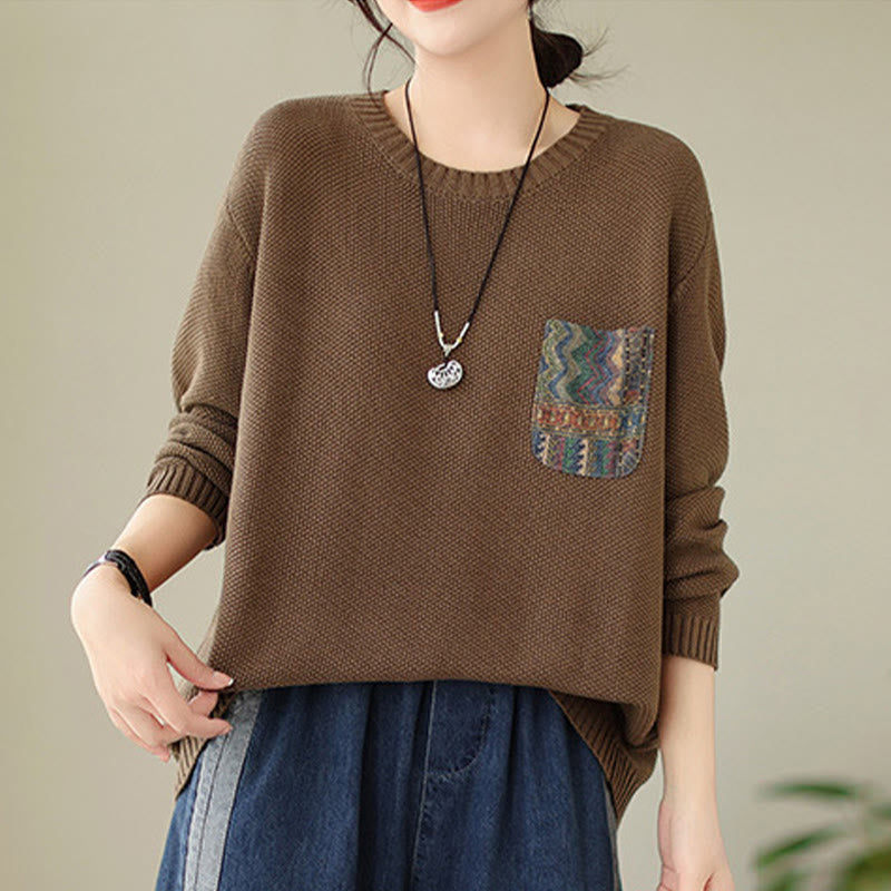 Knitted Cotton Floral Crew Neck Grounding Sweater