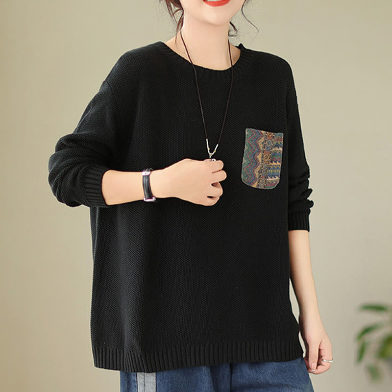 Knitted Cotton Floral Crew Neck Grounding Sweater