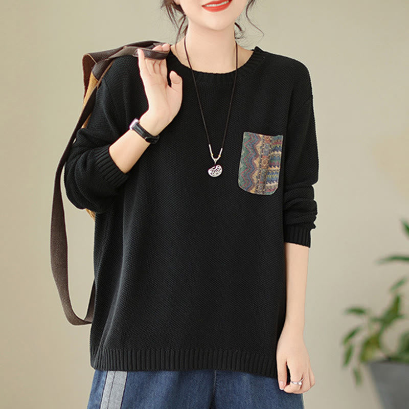 Knitted Cotton Floral Crew Neck Grounding Sweater