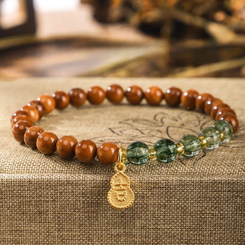 Natural Kuka Seed & Green Phantom Quartz Fu Symbol Prosperity Bracelet