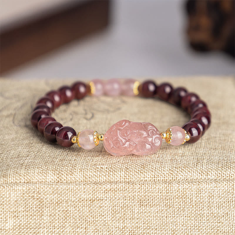 Garnet Strawberry Quartz Pixiu Lucky Bracelet