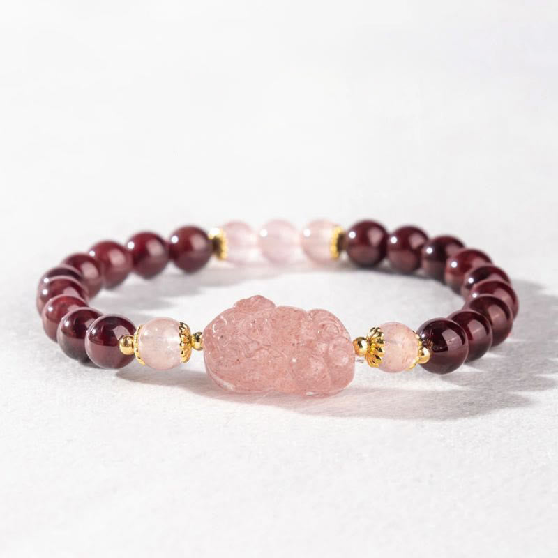 Garnet Strawberry Quartz Pixiu Lucky Bracelet