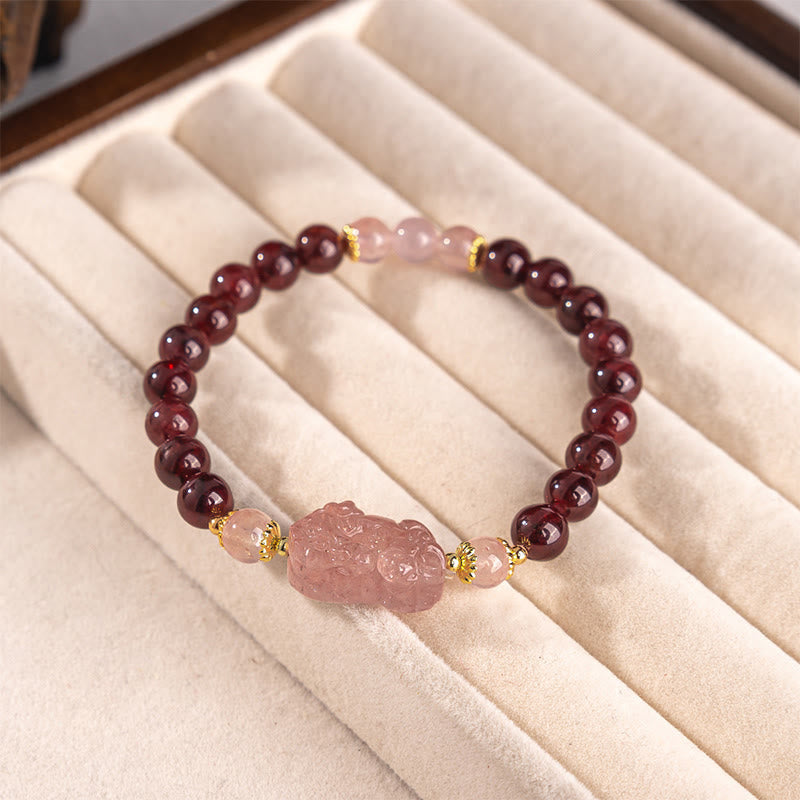 Garnet Strawberry Quartz Pixiu Lucky Bracelet