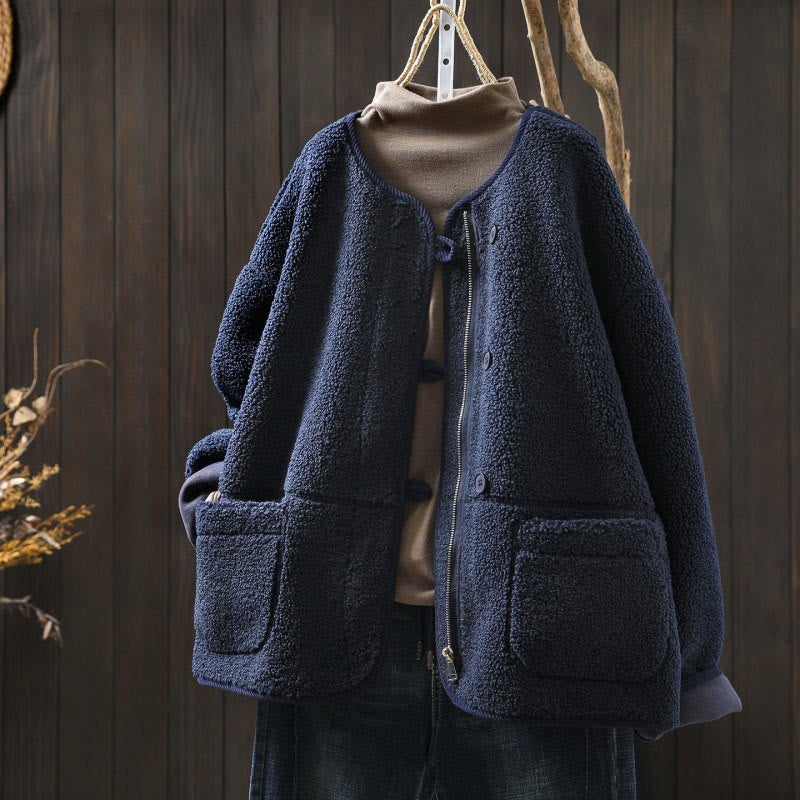 Winter Zipper Buttons Long Sleeve Thermal Warm Cotton Women's Jacket With Pockets