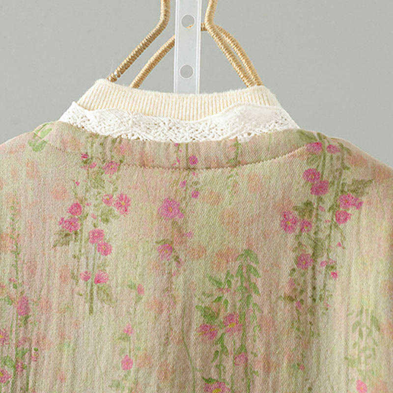 Winter Lace Patchwork Long Sleeve Cotton Women's Thermal Jacket With Pockets