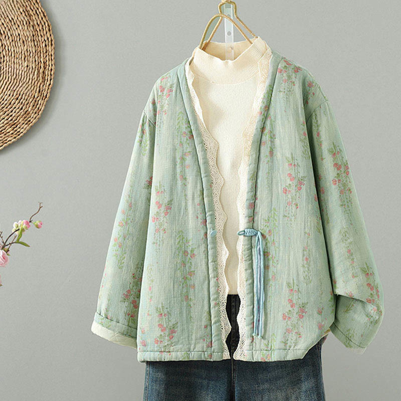 Winter Lace Patchwork Long Sleeve Cotton Women's Thermal Jacket With Pockets