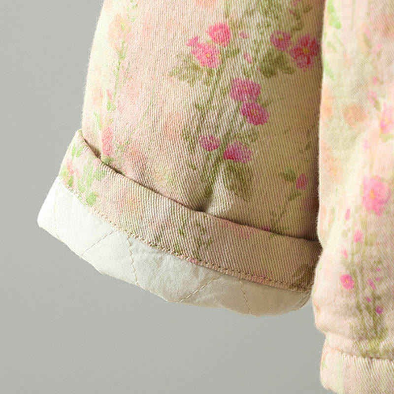 Winter Lace Patchwork Long Sleeve Cotton Women's Thermal Jacket With Pockets