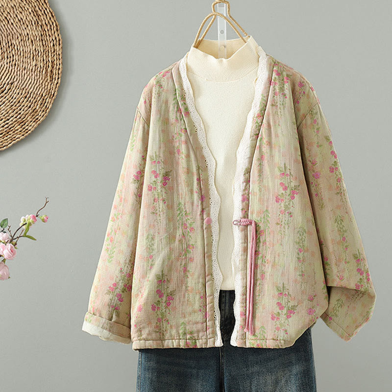 Winter Lace Patchwork Long Sleeve Cotton Women's Thermal Jacket With Pockets