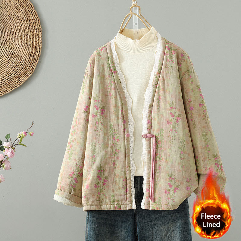 Winter Lace Patchwork Long Sleeve Cotton Women's Thermal Jacket With Pockets