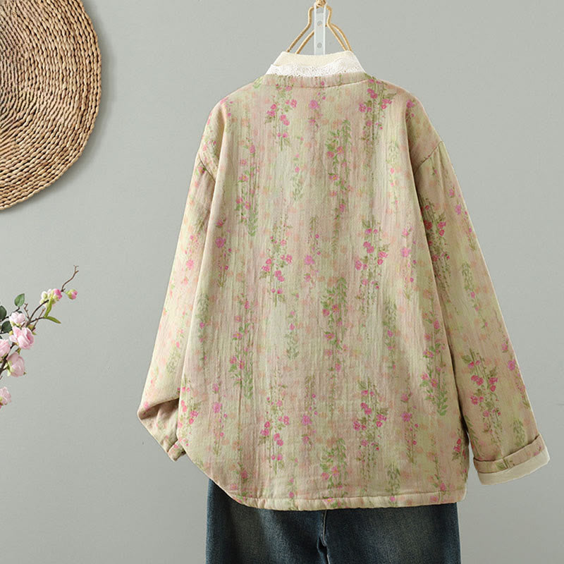 Winter Lace Patchwork Long Sleeve Cotton Women's Thermal Jacket With Pockets