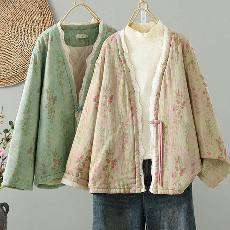 Winter Lace Patchwork Long Sleeve Cotton Women's Thermal Jacket With Pockets