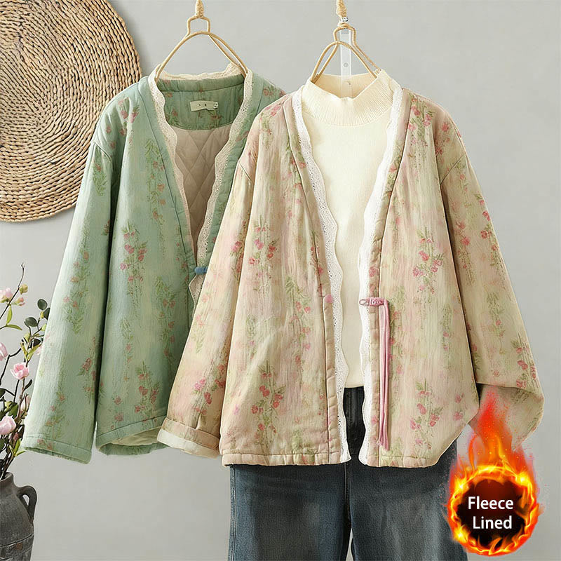 Winter Lace Patchwork Long Sleeve Cotton Women's Thermal Jacket With Pockets