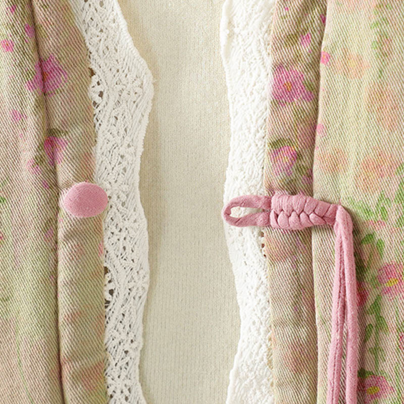 Winter Lace Patchwork Long Sleeve Cotton Women's Thermal Jacket With Pockets