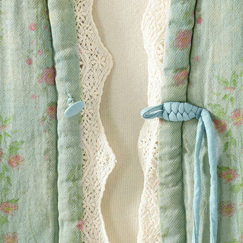 Winter Lace Patchwork Long Sleeve Cotton Women's Thermal Jacket With Pockets