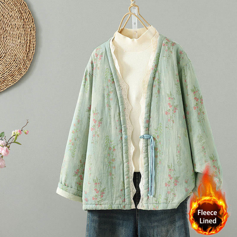 Winter Lace Patchwork Long Sleeve Cotton Women's Thermal Jacket With Pockets