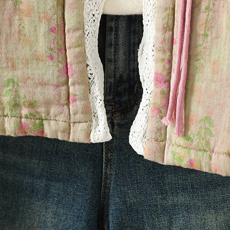 Winter Lace Patchwork Long Sleeve Cotton Women's Thermal Jacket With Pockets