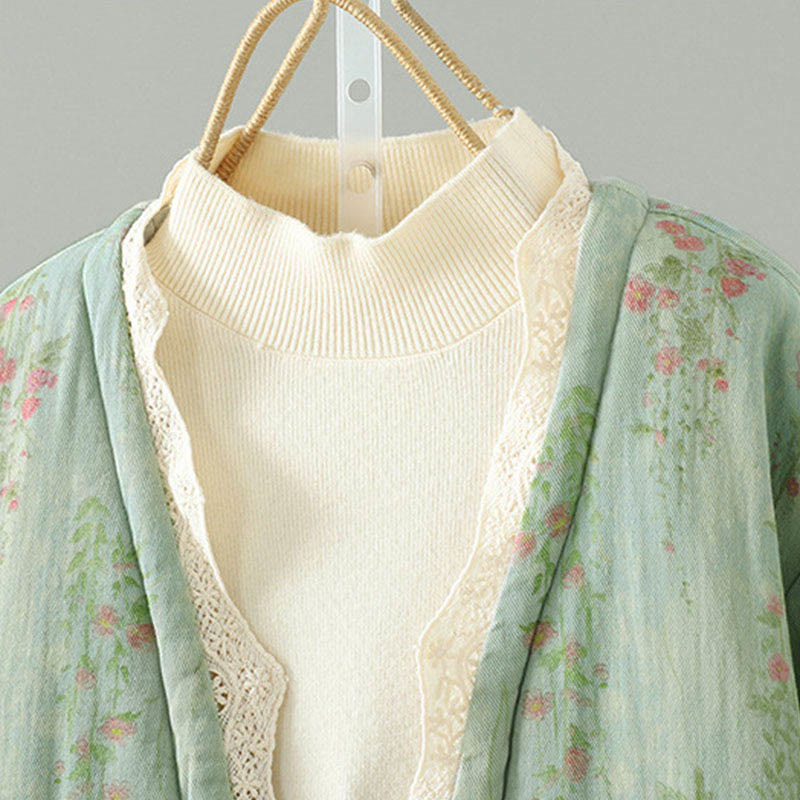 Winter Lace Patchwork Long Sleeve Cotton Women's Thermal Jacket With Pockets