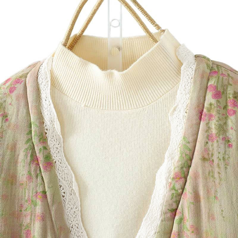 Winter Lace Patchwork Long Sleeve Cotton Women's Thermal Jacket With Pockets