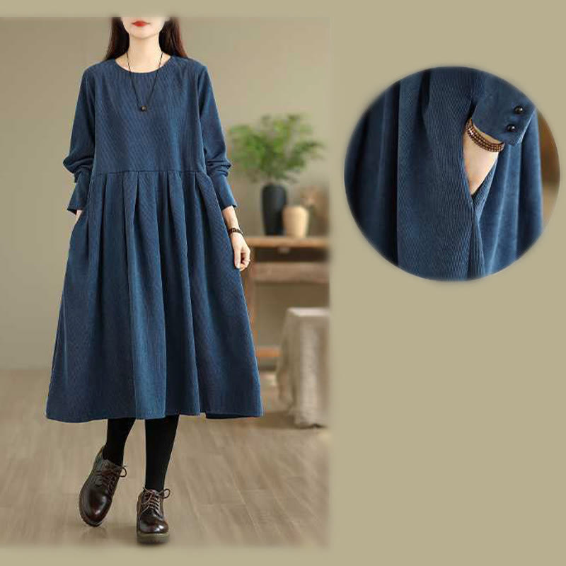 Deep Indigo Textured Corduroy Mindful Midi Dress