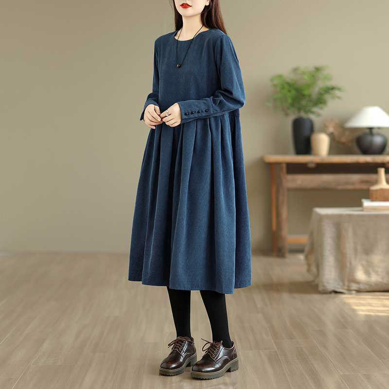 Deep Indigo Textured Corduroy Mindful Midi Dress