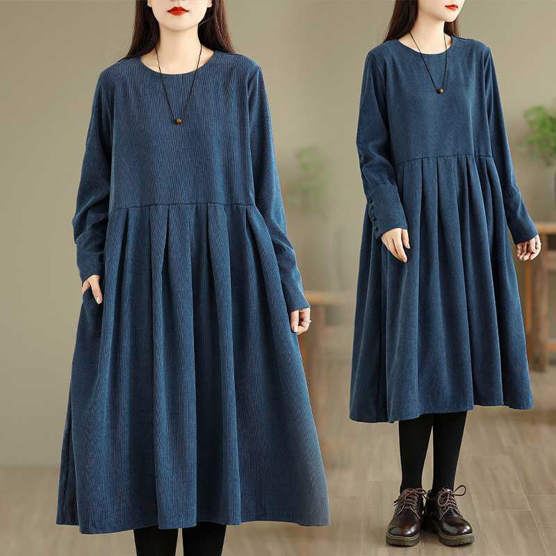 Deep Indigo Textured Corduroy Mindful Midi Dress