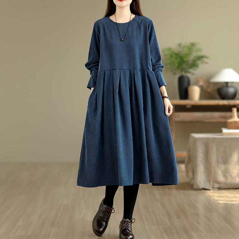 Deep Indigo Textured Corduroy Mindful Midi Dress
