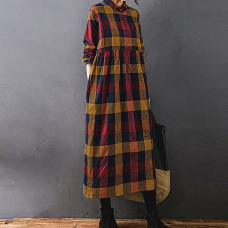 Natural Cotton Patchwork Plaid Long Sleeve Midi Dress