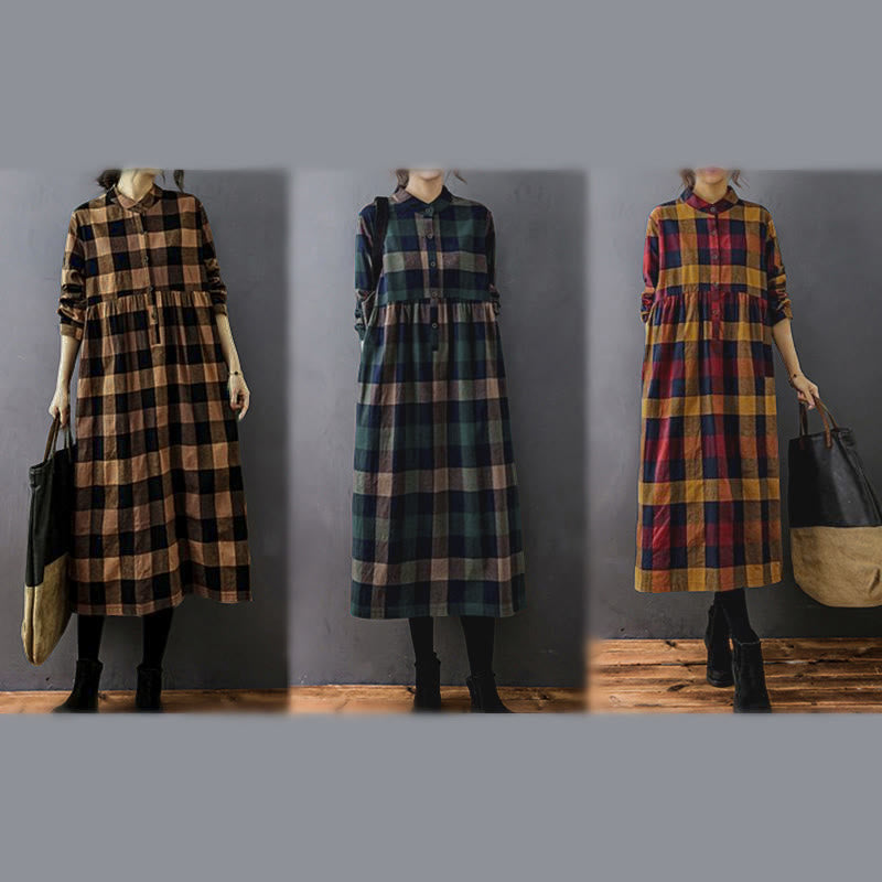 Natural Cotton Patchwork Plaid Long Sleeve Midi Dress