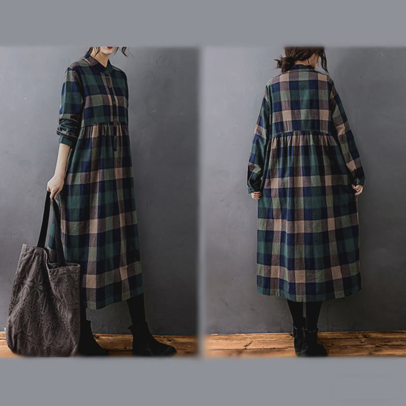Natural Cotton Patchwork Plaid Long Sleeve Midi Dress