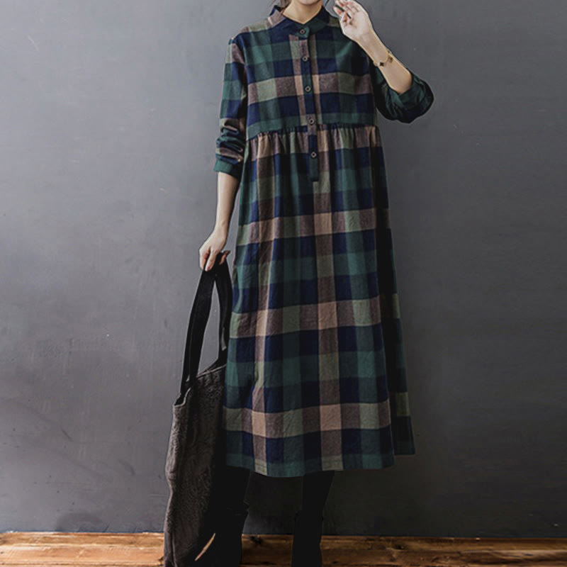 Natural Cotton Patchwork Plaid Long Sleeve Midi Dress