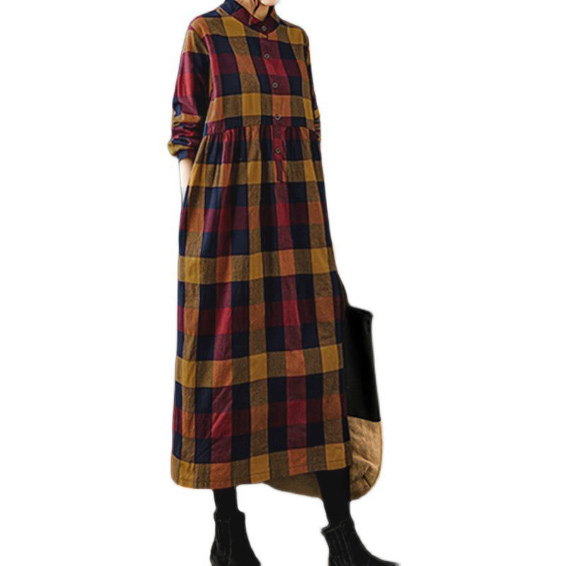 Natural Cotton Patchwork Plaid Long Sleeve Midi Dress