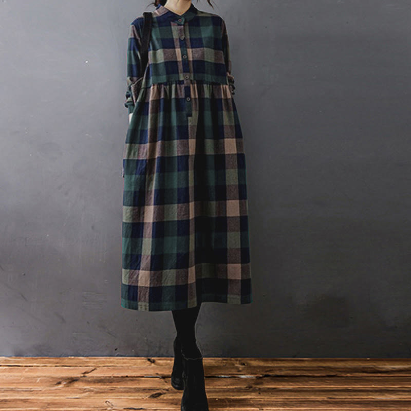 Natural Cotton Patchwork Plaid Long Sleeve Midi Dress