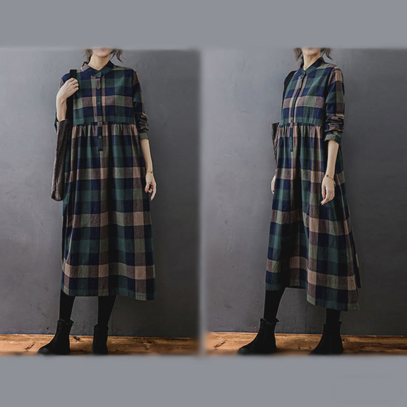 Natural Cotton Patchwork Plaid Long Sleeve Midi Dress