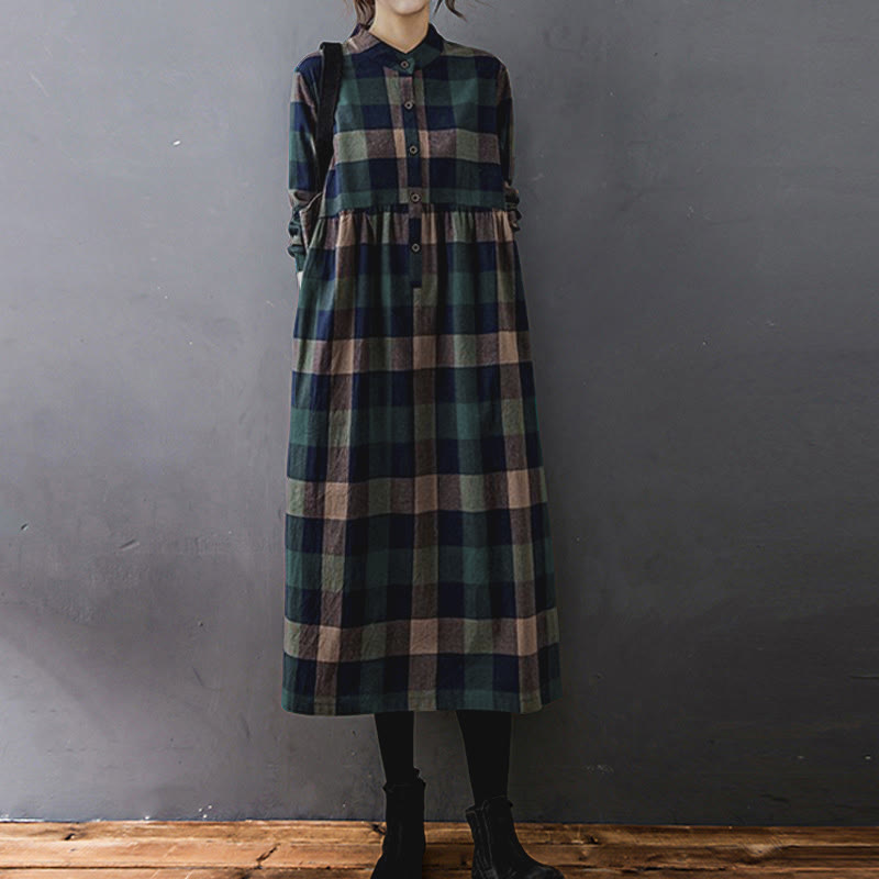 Natural Cotton Patchwork Plaid Long Sleeve Midi Dress
