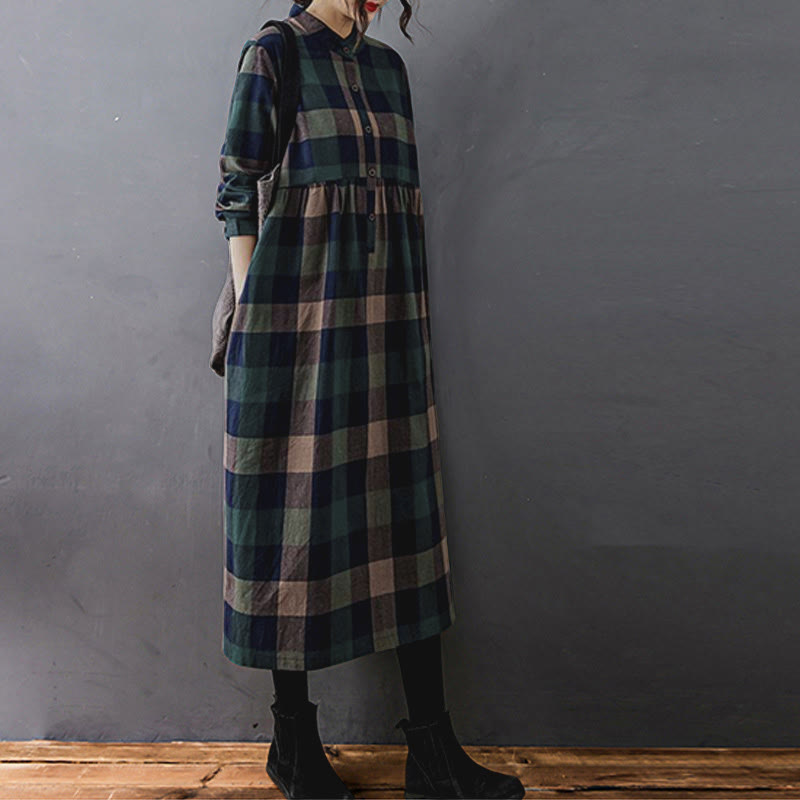 Natural Cotton Patchwork Plaid Long Sleeve Midi Dress