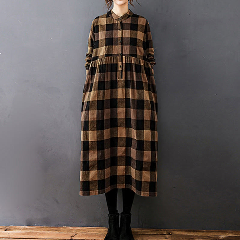 Natural Cotton Patchwork Plaid Long Sleeve Midi Dress