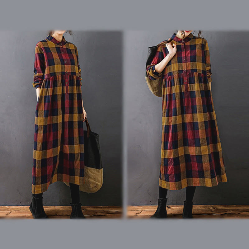 Natural Cotton Patchwork Plaid Long Sleeve Midi Dress